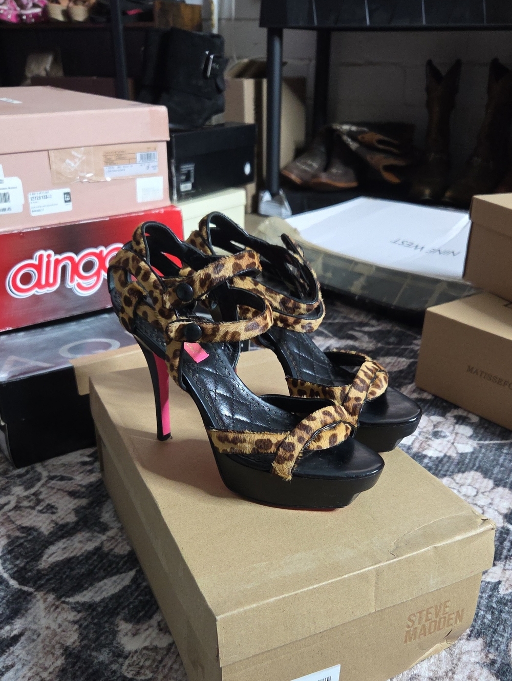 Betsey Johnson Leopard Print Platform Sandals with Pink Stiletto Heel